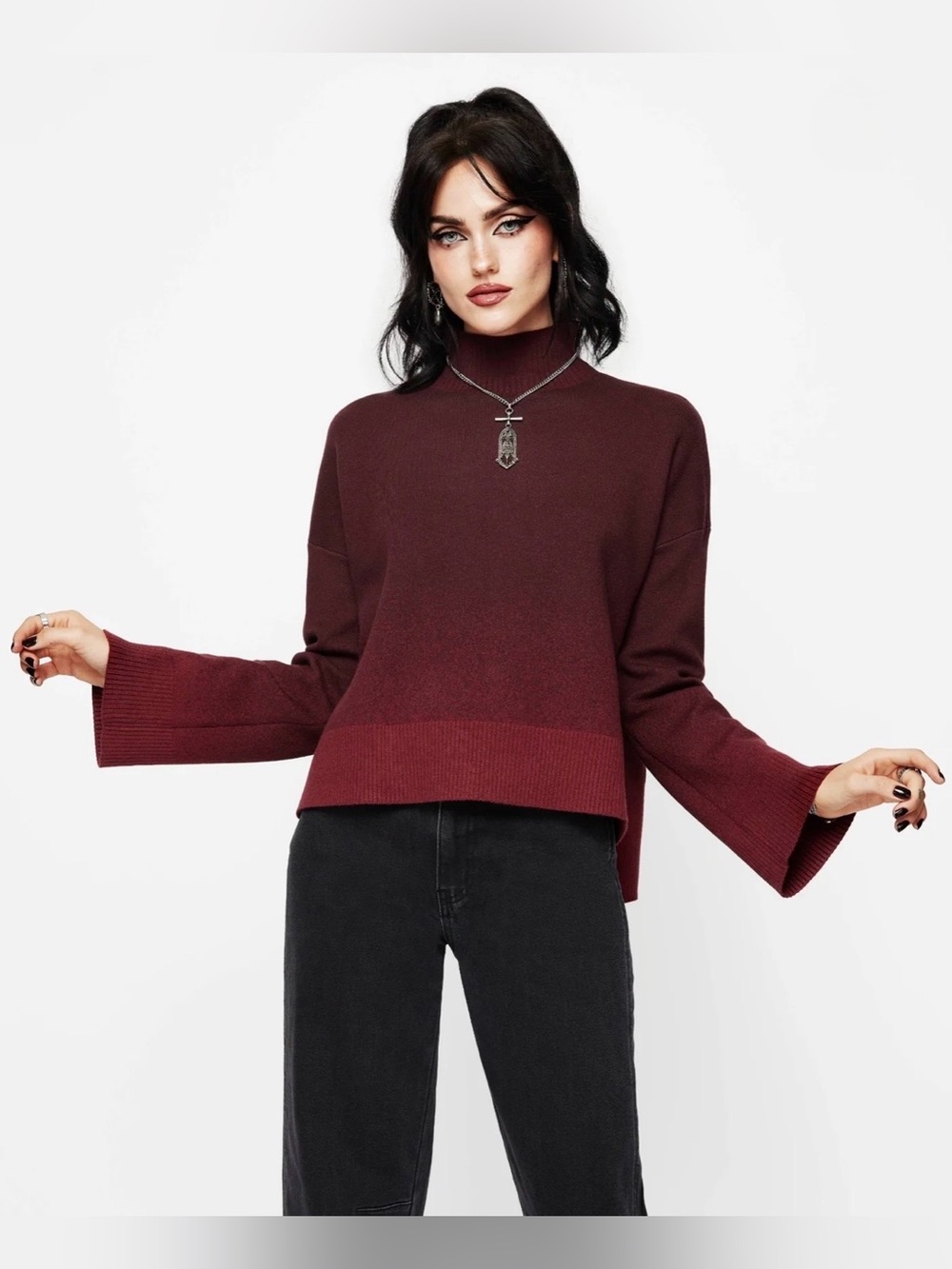 Disturbia Wine Red Mock Neck Bell Sleeve Sweater
